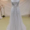 Sleeveless Glitter Sequins Deep V Cut and Open Back Bridal Dress TN062