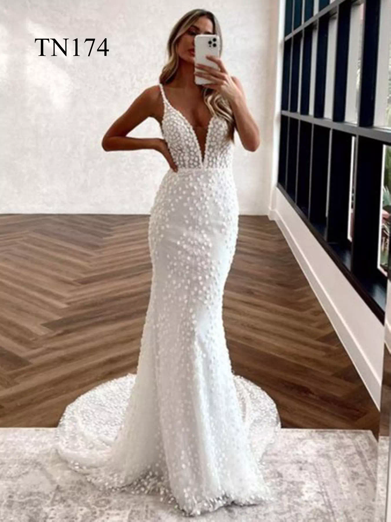 3D Leaf Lace Deep Plunge V Mermaid Dress TN174 - Tina Bridal